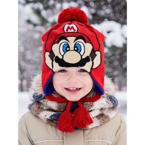 Nintendo Super Mario Red Winter Beanie Hat w/ Ear Flaps & Pom Pom – One Size NWT
